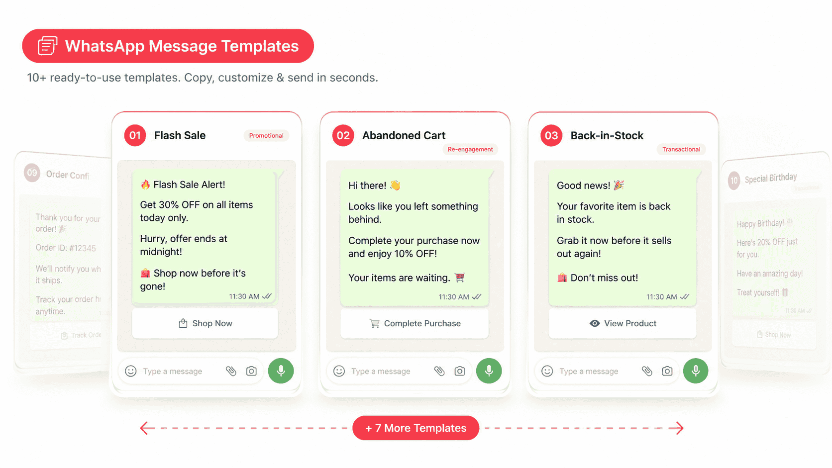 Set of WhatsApp promotional message template cards including flash sale, abandoned cart, and back-in-stock examples